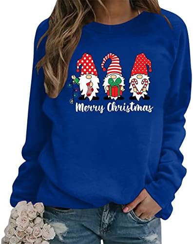 Среќни Божиќни жени со долги ракави, џемпери на долги ракави, обични екипаж на врвови на мода Божиќна празничка дуксерка џемпер блуза