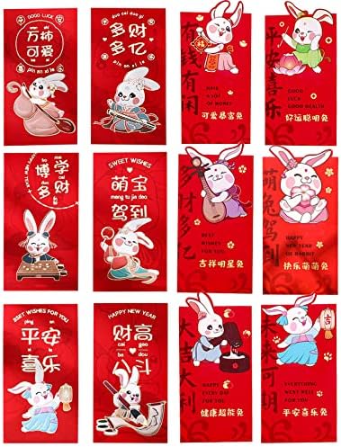 12 парчиња 2023 година на црвените коверти на зајакот за кинеска нова година Црвен пакет/Лаи Види/Среќа Хонг Бао за пролетен фестивал,