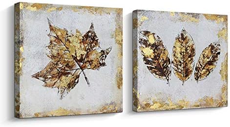 Pintree Art Gold Maple Leaf Canvas Wallидна уметност сет за дневна соба- рачно насликани паднати лисја уметност за сликање,