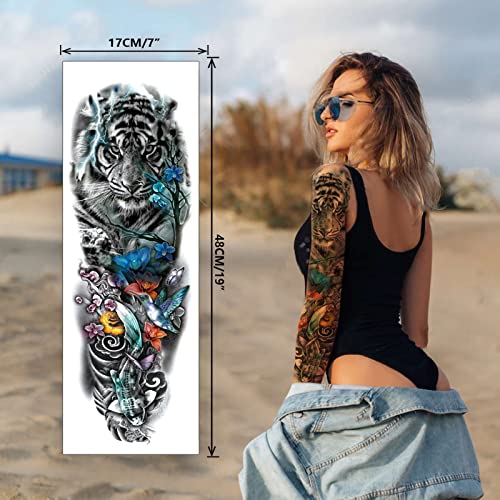 Привремена тетоважа, тигар цвеќиња во форма на секси 3Д лажни налепници за тетоважи Екстра голема водоотпорна тетоважа, целосна рака