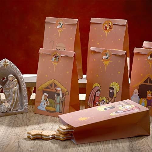 12 Парчиња Торби За Подароци За Раѓање И 24 Листови Божиќни Религиозни Налепници, Налепници За Раѓање Кафеава Крафт Хартија Рождество