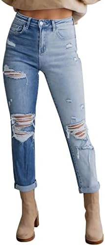 Миашуи Големина 12 Женска Еднобојна Права Дупка Еластични Тенки Фармерки Со Висок Струк Жан Панталони За Жени Искинати