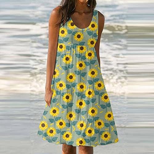 Фустани за допок за жени 2023 Обичен летен екипаж на вратот на вратот, шарена печатена печатена плажа колена должина плетени сонце фустани