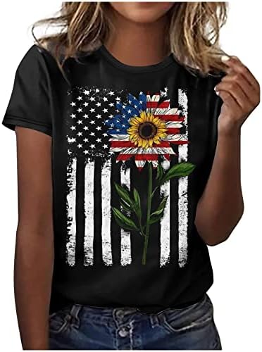 Девојки Екипаж Памук Американско Знаме Сончоглед Цветна Графичка Блуза Маица ЗА Жени Лето Fall 0 0S