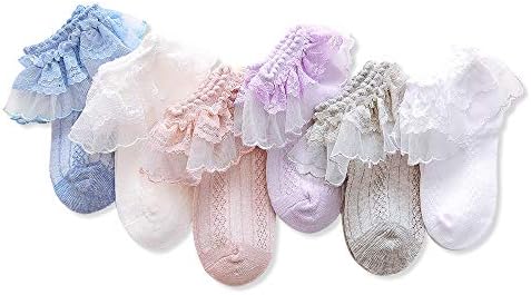 Juebm новороденче бебе девојчиња Руфл чорапи чорапи за облекување, пакувања од 3/5/6 бебешки чаши со чипка на глуждот