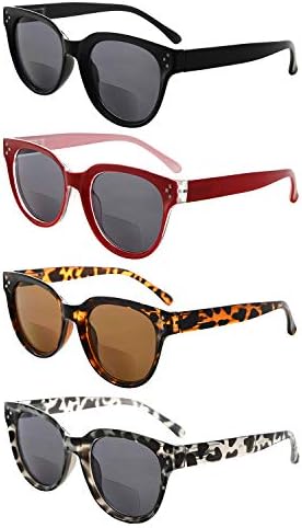 Бифокални очила со 4 пакувања со 4 пакувања за жени кои читаат под сонцето стилски бифокални читатели затемнети леќи + 3,00