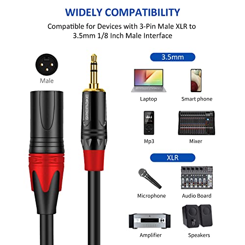Dremake машки XLR до 3,5 mm аудио стерео кабел 6ft, неурамнотежен 3,5 mm до 3-пински XLR машки микрофон кабел, Jackек 3,5 mm 1/8 '' до XLR печ-кабел за компјутер, видео камера, еквилајзер, на?