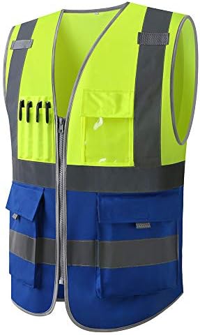 Spardwear Hi Vis Safety Vest со џебови и патент за машки рефлексивни флуоресцентни жолти и сини