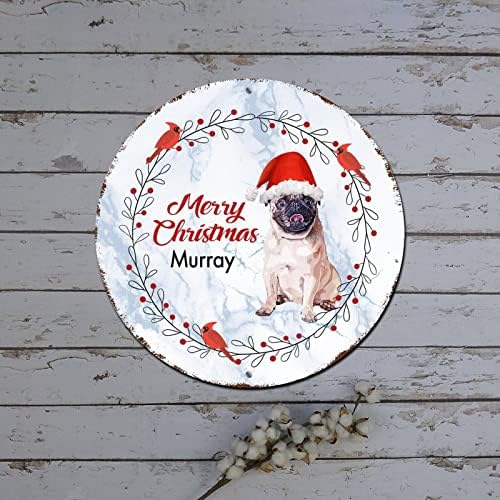 Божиќно тркало знак куче во капа кардинал, тркалезен метален калај знак Бафало Проверете го Божиќниот декор гроздобер алуминиумски