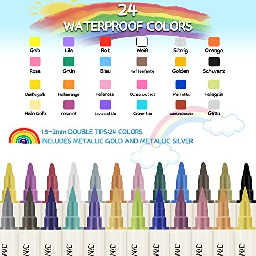 Двојна врв акрилна боја пенкала 24 бои Премиум водоотпорни маркери на акрилна боја за камен, карпести сликарство, керамика, стакло,