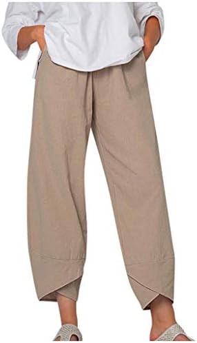 Памук постелнина капри панталони жени за жени обични летни капри панталони со џебови лабави вклопени панталони со бохо удобни плажа
