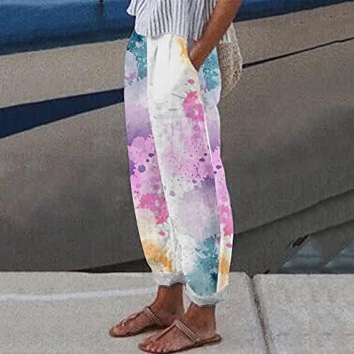 Xinshide capri панталони за жени лежерна вратоврска за печатење постелнини залепени панталони со џебови Бохо лабаво вклопени панталони