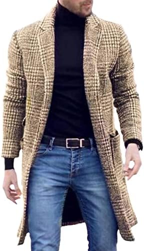 Hsqibaoer Retro HoundStooth Print Moung Woolen Coat есенска јака од средна должина јакна мажи зимски џеб надворешни облеки