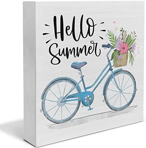 Земја здраво лето дрво кутија знак за декорирање на бирото за летово цитат цветни и велосипеди дрвени кутии блок -знак рустикален полицаец