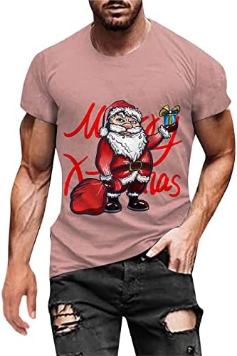 XXBR Божиќни маици за мажи, 2022 Машки Божиќ Дедо Мраз Клаус Печати краток ракав Смешно графички тенок фит мускул на врвови а-розова