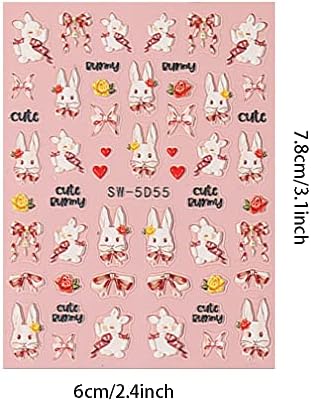 5д врежани налепници за уметност за нокти Велигденски зајаче декорации за нокти дизајн слатки животни со музички белешки за нокти за декорација на маникир за жени,