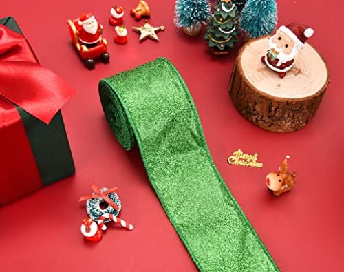 Божиќна Декорација Зелена Црвена Метална Сјајна Лента За Пакување Подароци, Зелени Ленти Со Жичен Раб За Венец ЗА Новогодишна Елка Сам Занаети