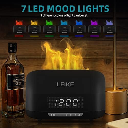 Leike 9 пламен ароматерапија дифузер навлажнувач со Bluetooth звучник, LED временски приказ на дигитални часовници за аларми за спални соби, 400ml