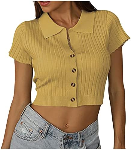 Копче надолу на врвовите на земјоделските култури за жени летни ребра плетени кратки кошула копчиња за лаптопи Y2K хипи кошула исечена