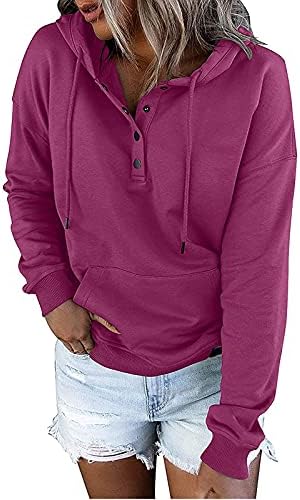 Долги ракави Хенли кошули за жени со цврста боја на спортот со цврста боја со џебна обична блуза пуловер врвови