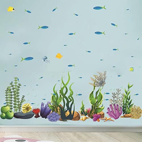 Подводен светски животински детски соба Декорација за украсување wallид налепница самостојна лепила ПВЦ морски трева риба налепници