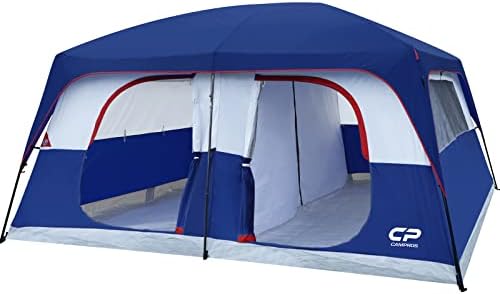 Campros CP шатор 12 лица за кампување, 2/3 простории отпорни на вода, семеен шатор со врвни дождови, 6 големи мрежни прозорци, двоен слој, лесно