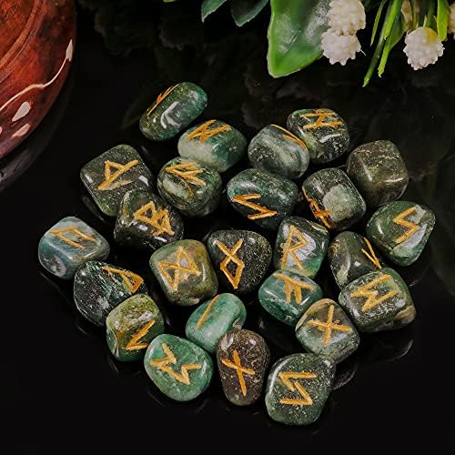 Yatskia 25 PCS Green Aventurine Rune Stone - Wicca Rune, Divination Tools, Rune Set Stones - Сет за лекување на кристали, нордиски руни за