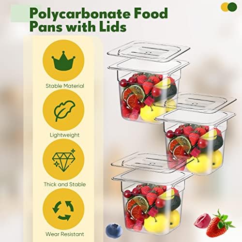 Didaey 16 парчиња Поликарбонат чиста храна тава со најголемиот дел од капакот 1/6 големина 6 '' Длабока храна тава за комерцијално складирање