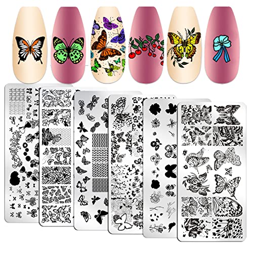 Wookoto 6pcs пеперутка за печатење на нокти за печат за нокти, цвеќиња цвеќиња за печатот за нокти, комплет за печатење на нокти, запечатување на нокти за полски плочи за ?