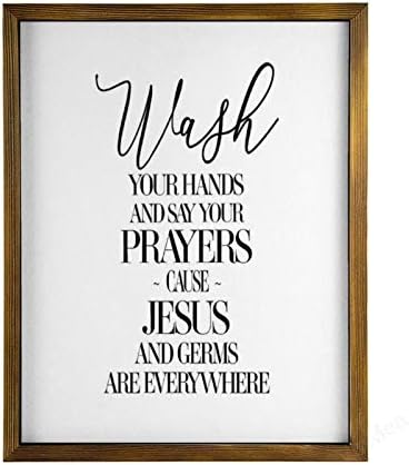 Винмеа домашен декор, знак за дрво, измијте ги рацете и велат дека вашите молитви предизвикуваат Исус и бактериите се насекаде врамени