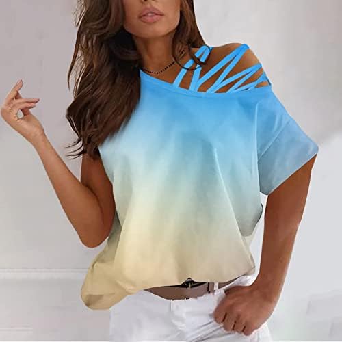 FMCHICO врвови за жени случајно лето едно од рамото маички со кратки ракави со краток ракав