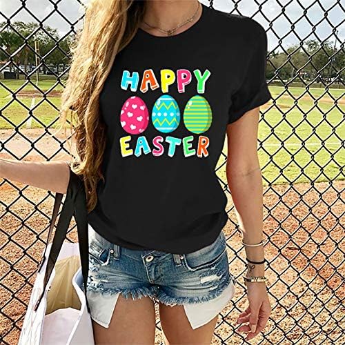 Плус големина Велигденски кошули за жени смешни јајца Писма печатена маица лабава тркалезна вратот кратки ракави за одмор