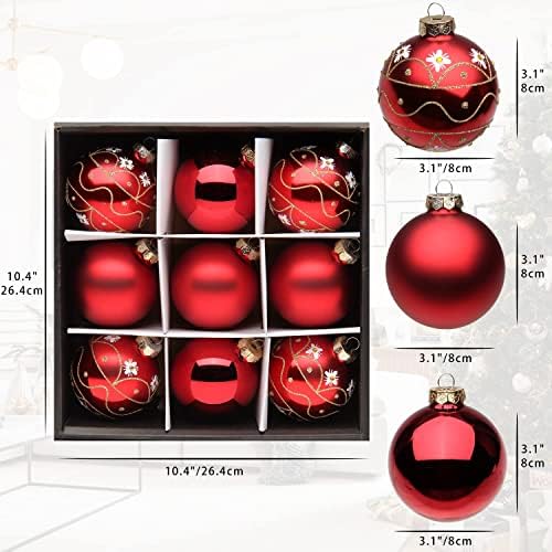 3,15 Божиќни украси топки 9 парчиња украси за новогодишни елки поставени црвени божиќни украси насликани стаклени Божиќни топки