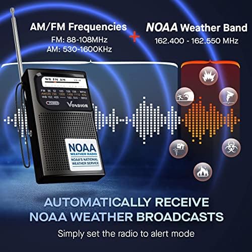 Vondior Portable NOAA Time Radio, Батерии управувано со итни случаи NOAA/AM/FM радио со најдобар прием, џебно време за предупредување