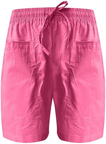 Womenените со високи половини шорцеви Обични удобни постелнини панталони летни панталони за плажа со џемпери за половината Бермуда кратка