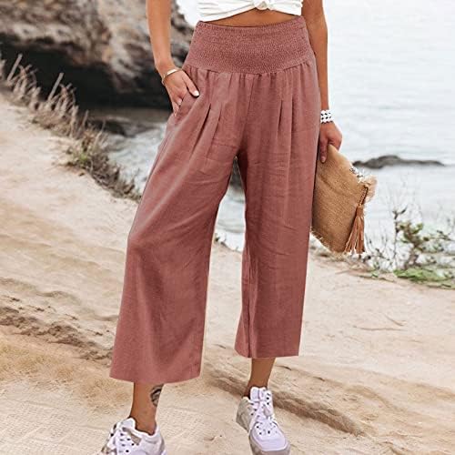 Cucuham жени лето високо половината памучна постелнина панталони широки нозе Палацо глужд Пант со џеб