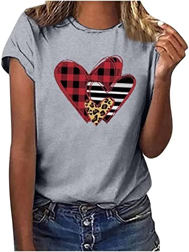 Карирана Љубов Срце Графички Маици Блузи За Жени Симпатична Буква Печатење Денот На Вљубените Краток Ракав Кошула Повик Екипажот Блуза Блузи