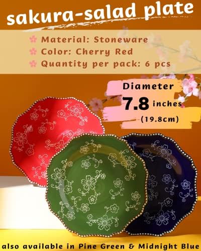 Кунабу занаетчиски мали керамички плочи, салата плочи, десертни плочи керамички плочи сет од 6-7,5 ” - цветна серија на сакура цреша црвена