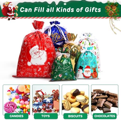 30 парчиња Божиќни Торби За Подароци Со Врвки, Избрани Големини Торба За Завиткување Подароци Од Празнична Фолија Со Врски Со