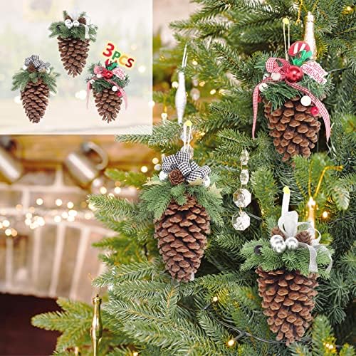 Декорации за божиќни конуси Супер празник, 3 парчиња рустикални виси рачно изработени големи украси за пениче, поставени за Божиќно