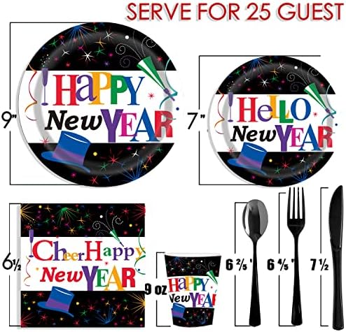 Pammyan 2023 Среќна Нова Година забава сет за садови за садови - 150 парчиња за еднократна употреба за вечера за еднократна употреба