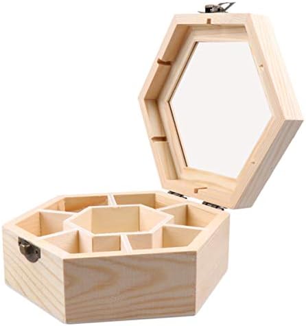 Запостави недовршена дрвена накит кутија шестоаголник DIY кутија за складирање на ситници, празно Организатор за чување 7 оддели чиста топ занаетчиска