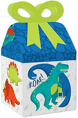 Голема точка на среќа татнеж диносаурус - кутии за подароци на квадратни фаворити - Dino Mite Trex бебе туш или роденденски кутии за забава - сет од 12