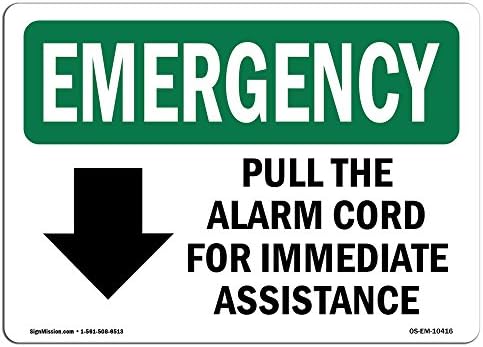 Знак за итни случаи ОСХА - Повлечете го кабелот за аларм за непосредно со симбол | Цврст пластичен знак | Заштитете ја вашата деловна