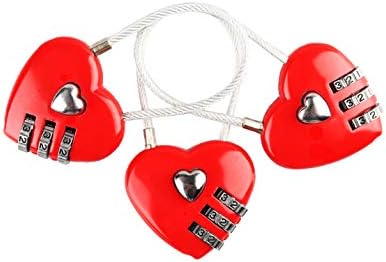Црвено срце, брава за мини код, 3-цифрен комбинација на шифри со јаже со жица за патни торби/куфер/шкафчиња/ранец/кутии за накит,