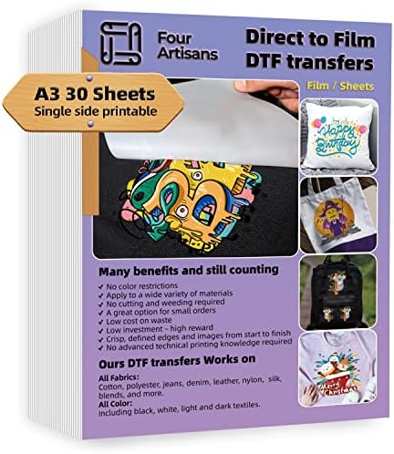 Fourartisans DTF трансфер филм 30 листови A3, мат директно до филмско печатење на маици, дизајн на хартија за пренос на топлина за