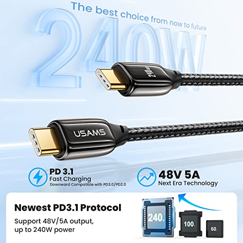 Овозможи кабел за 240W USB C до USB C 6.6FT, PD3.1 Тип Ц до типот C кабел 48V 5A Брзо полнење на кабелот за брзо полнење, плетенка