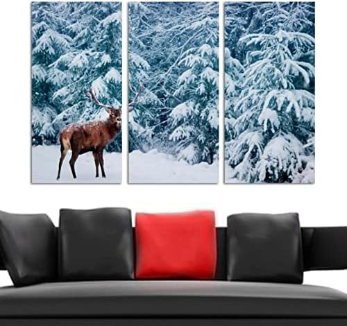 Wallидна уметност за дневна соба, прекрасен елен маж со големи рогови Зимска снежна шума врамена декоративно масло за сликање постави декоративни модерни уметнички