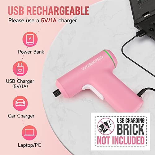 WorkPro Pink Electric Chindless Shickpiger Set, 4V USB полнење на литиум-јонска батерија за напојување на шрафцигер со LED светло, пиштол за завртки