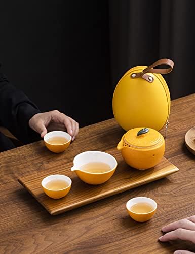 Tang Pin Kungfu чај постави преносен керамички чајник со 3 чаши портокалова форма за патувања со чај со куќиште за патувања